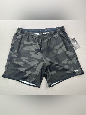 RVCA MENS YOGGER STRETCH 17 ACTIVE ATHLETIC SHORTS BLACK CAMO
